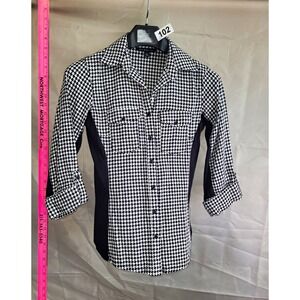 Zac & Rachel Womens S Black/White Houndstooth Collared 3/4 Knit Button-Up